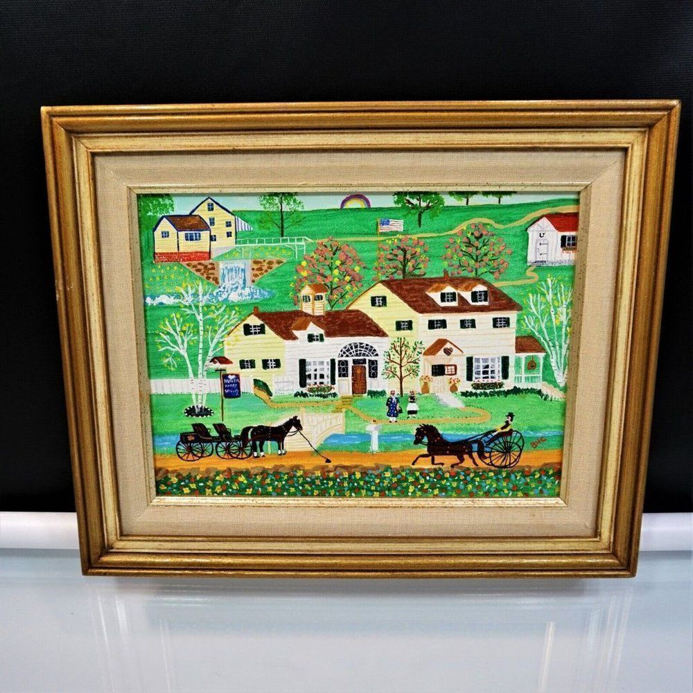 Folk Art Primitive Americana Vintage Art Naif BHC Signed Canvas Painting Naive